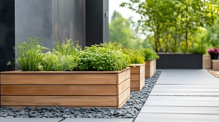 A small rooftop garden with simple wooden planters arranged in neat rows