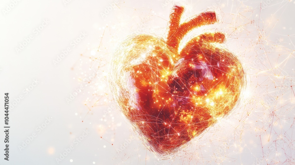 Poster a captivating design of a quantum heart, incorporating elements of science and art with a network of