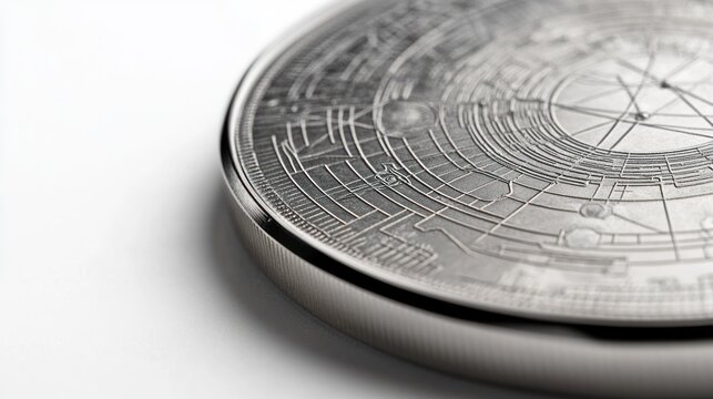 sleek quantum coin, showcasing its detailed engravings and luminous finish,