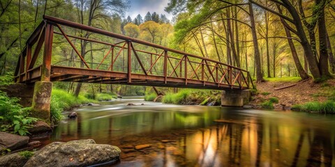 Fototapeta premium Rusty metal bridge over small river in forest