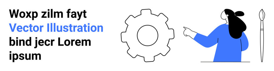 Illustration of person pointing at a gear symbol on a white background. Ideal for web design, project planning, creative development, educational content, and business presentations. Banner