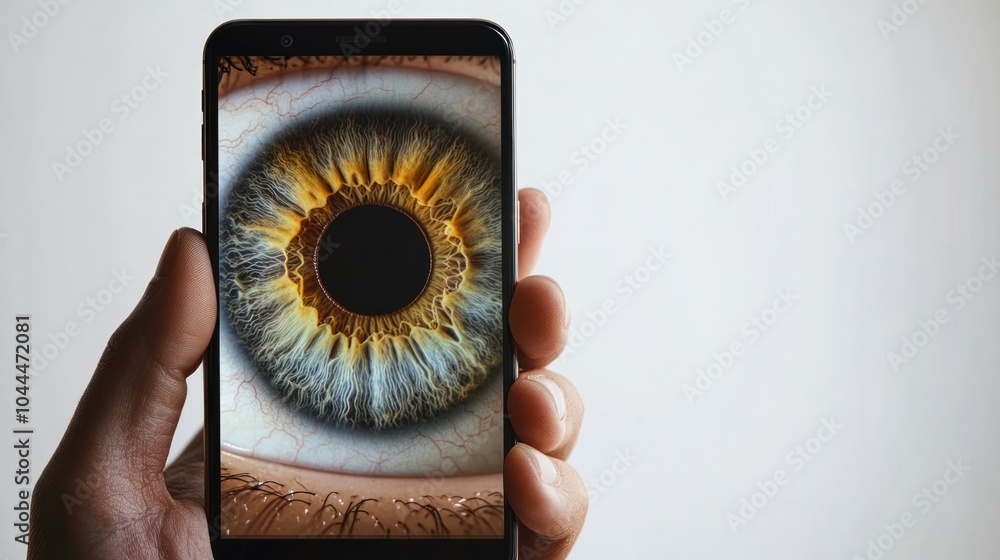 Poster conceptual image featuring a hand holding a smartphone equipped with an iris scanning feature