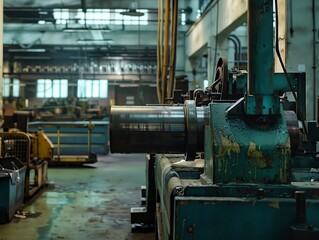 A bending machine in a busy, bustling factory