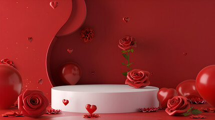  a red-themed scene featuring a white round podium surrounded by various red decorative elements such as roses, hearts, and balloons. The roses and hearts give off a romantic atmosphere, while the red