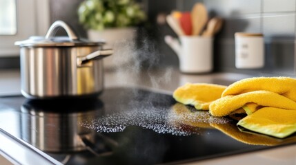 A kitchen scene with a steaming pot and a yellow towel on a stovetop.