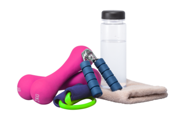 カラフルなフィットネスの道具とタオル、水。
健康な体づくりのための、運動習慣のイメージ