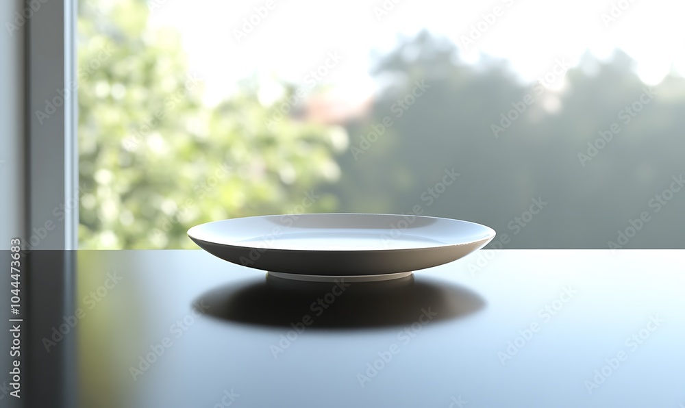 Aufkleber empty white plate on a black table with a blurred window and greenery in the background.