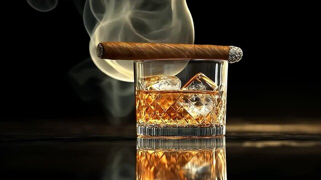 A smoky Cuban cigar and an iced whiskey glass.