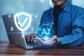 A businessman uses AI for data security to detect potential threats and prevent cyberattacks, ensuring sensitive information remains safe.