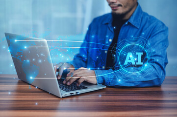 A businessman leverages AI in logistic management to track shipments in real-time, providing...