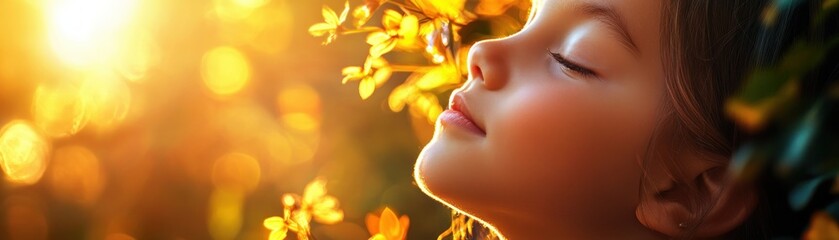A Child's Joyful Expression Capturing the Pure and Innocent Energy Glowing in a Child's Face, Lit by Warm Sunlight and Surrounded by Vibrant Blossoms