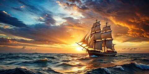 Sailing ship with open sails sailing through turbulent waves at sunset