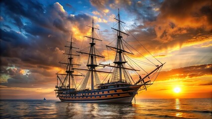 Obraz premium Sailing warship HMS Victory at sunset