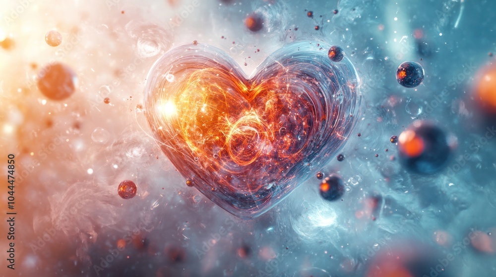 Poster a captivating design of a quantum heart, incorporating elements of science and art with a network of