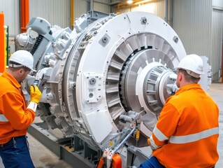 Two engineers in safety gear work on a large gas turbine engine in an industrial setting, focused on maintenance and assembly.