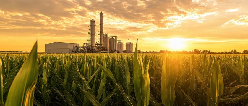 A vibrant sunset illuminates a factory skyline, surrounded by lush green cornfields, symbolizing the intersection of industry and agriculture.