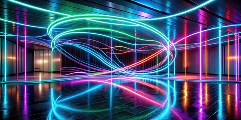 Abstract neon lines swirling in a dark room with floor reflection, creating a futuristic and dynamic panoramic background