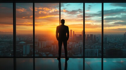 Fototapeta premium A silhouette of a businessman standing by a large window,
