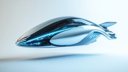 A sleek futuristic quantum capsule vehicle hovering slightly above a smooth white background with glowing blue accents and aerodynamic design