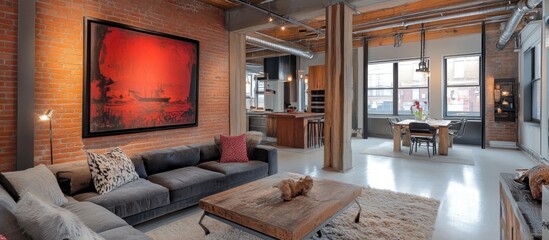 Modern loft interior with exposed brick wall, large windows, and a comfortable sofa.