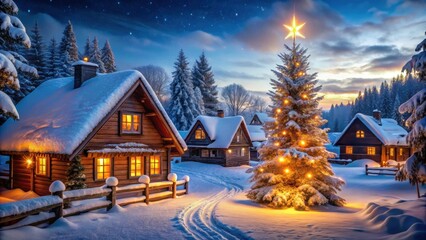 Fototapeta premium Cozy winter evening in a snowy village with wooden houses, illuminated Christmas tree, and peaceful atmosphere, Winter