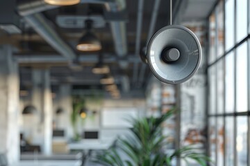 Loudspeaker Announcement in a Busy Modern Office Workspace, Job News, Company Updates, Office Communication, PA System, Public Address, Interior Design, Modern Workspace, Open Plan Office, Industrial