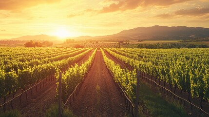 Fototapeta premium A vineyard at sunset, with long rows of vines reaching into the distance, symbolizing abundance and the art of winemaking