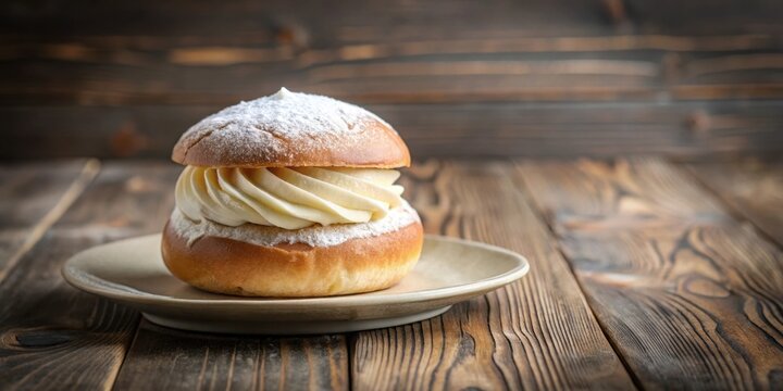 Traditional Swedish semla pastry on a plate at wooden table, Swedish, pastry, semla, almond paste, whipped cream, dessert, sweet