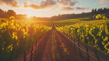 Rows of vines in a vineyard glowing under a sunset sky, symbolizing the abundance of nature and the craft of winemaking