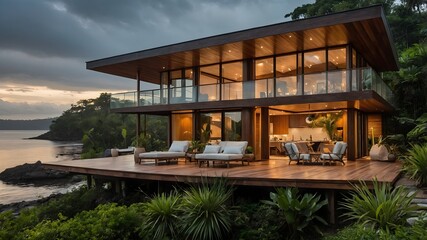 Obraz premium AI-Generated Image of an ultra-modern exotic wooden house designed for two people, blending nature and minimalist architecture. 