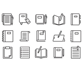 Notebook icon set. Contains icons such as notebook, diary, reminder. Thin line vector.