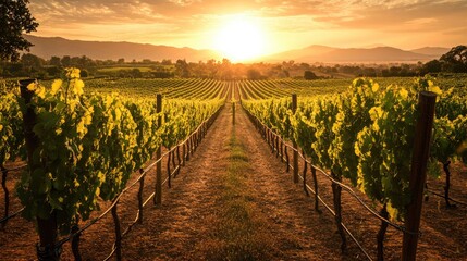 Obraz premium Sunset light over a beautiful vineyard with rows of vines, stretching toward the horizon, symbolizing the richness of winemaking