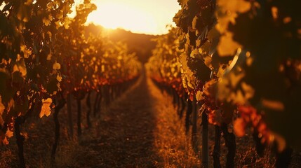 Naklejka premium Vineyard at golden hour with rows of vines illuminated by the setting sun, symbolizing the abundant beauty of winemaking