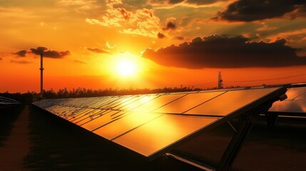 A stunning sunset reflects on solar panels, showcasing the blend of renewable energy and nature's beauty.
