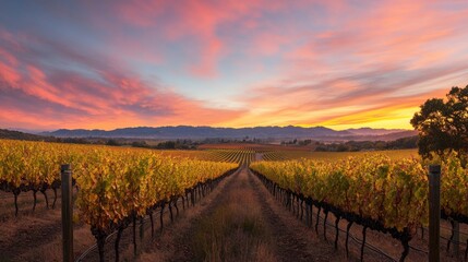 Obraz premium Vineyard at sunset with rows of vines stretching toward the horizon, symbolizing the art, passion, and abundance of winemaking