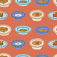 Saemless pattern of Italian dishes. Pasta, soup, risotto, Ossobuco, pizza with mozzarella, gnocchi, ravioli, caprese, tiramisu Colorful bright vector illustration in modern style