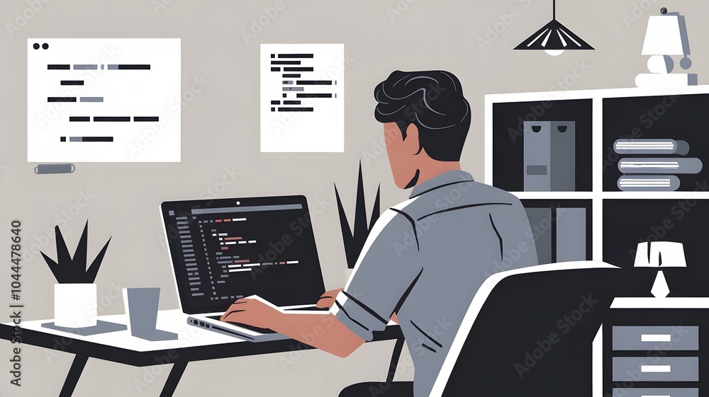 Poster programmer working at the computer in the office. vector illustration generated by ai