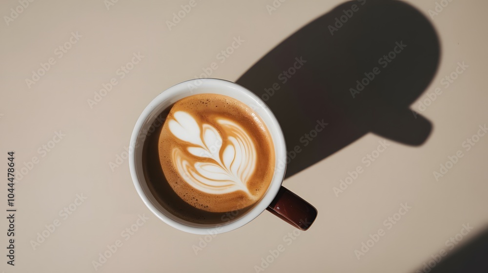 Poster cup of coffee with latte art on white background with shadow generated by ai