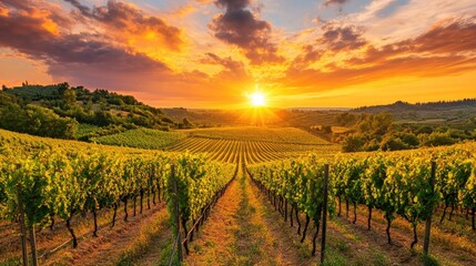 Fototapeta premium A beautiful sunset over a vineyard with long rows of vines, symbolizing the abundant harvest and artistry of winemaking