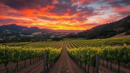 Naklejka premium A beautiful sunset over a vineyard with long rows of vines, symbolizing the abundant harvest and artistry of winemaking