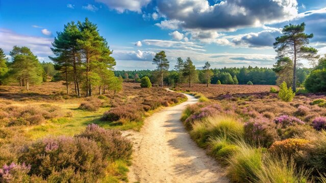 Sandy heathland public footpath through silhouette of trees at Thursley Common Nature Reserve