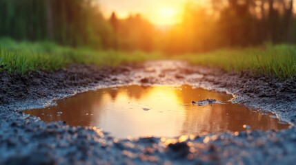 Sunset reflections a serene puddle in nature's embrace revealing the beauty of dusk and twilight over the ground.