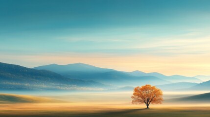 A serene autumn landscape the beauty of nature captured in a tranquil moment with a solitary tree amidst rolling hills.