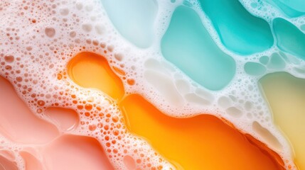 Vibrant bubbles and fluid patterns in abstract soap foam composition.