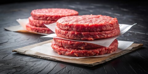 Raw ground beef burger patties separated by parchment paper on black background, raw, ground beef