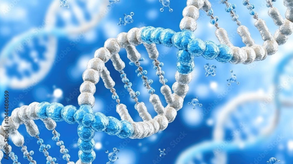 Fototapete Close-up of a DNA double helix floating in a virtual scientific space, with particles and lines connecting genetic data points.