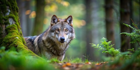 Grey wolf hunting in dense forest, predator, wildlife, nature, wildlife, predator, animal, wild, wilderness, hunt, woods © Watcharapon