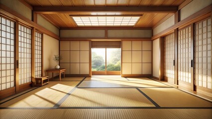 Obraz premium Clean and serene Japanese minimalist room interior with empty space, clean, minimalist, Japanese, interior, room, empty