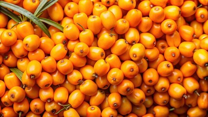 Fresh ripe sea buckthorn berries background top view, juicy yellow berries heap