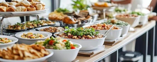Luxurious banquet buffet table filled with gourmet dishes and delicacies, elegant setup, perfect for high-end wedding or event catering